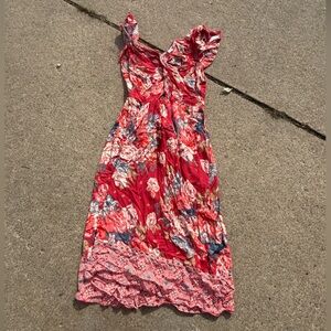 Angie Red/Coral Floral Sundress with Blue and Cream Flowers
